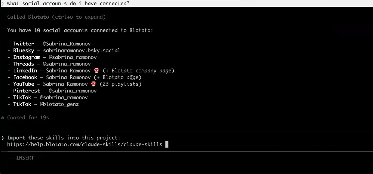 An AI agent answering "what social accounts do i have connected?" by calling Blotato and listing 10 connected social media accounts across Twitter, Bluesky, Instagram, Threads, LinkedIn, Facebook, YouTube, Pinterest, and TikTok