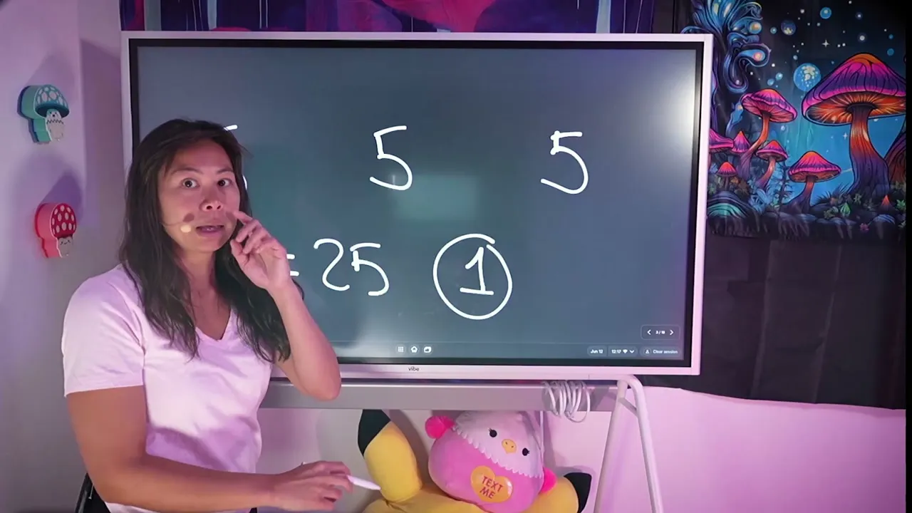 Whiteboard showing 5 times 5 equals 25 posts, produced in one morning.
