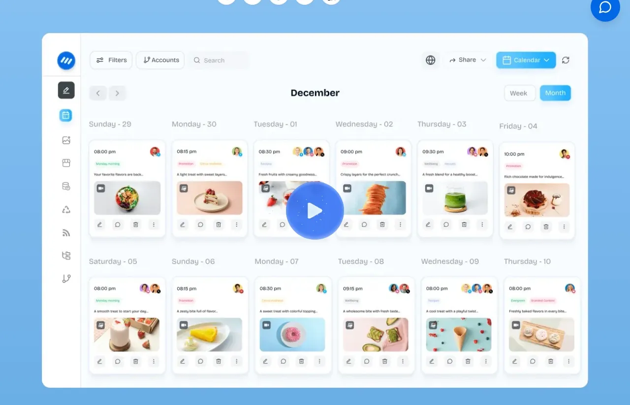 ContentStudio's planner, a month-view social media calendar with scheduled posts, labels and preview images for each day.