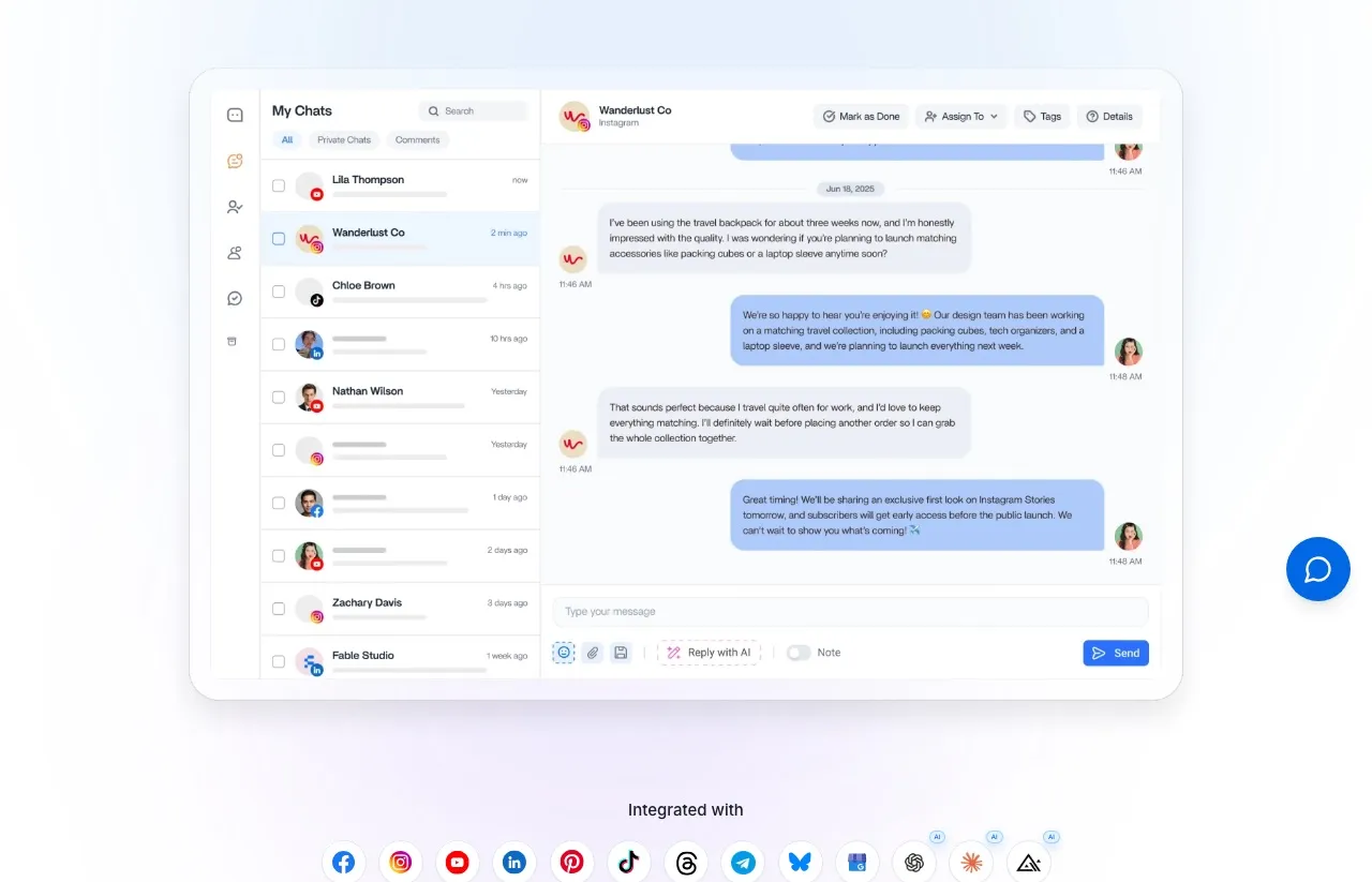 ContentStudio's social inbox, available from the Advanced plan up, showing a conversation thread with assignment, tags, notes and a Reply with AI button.