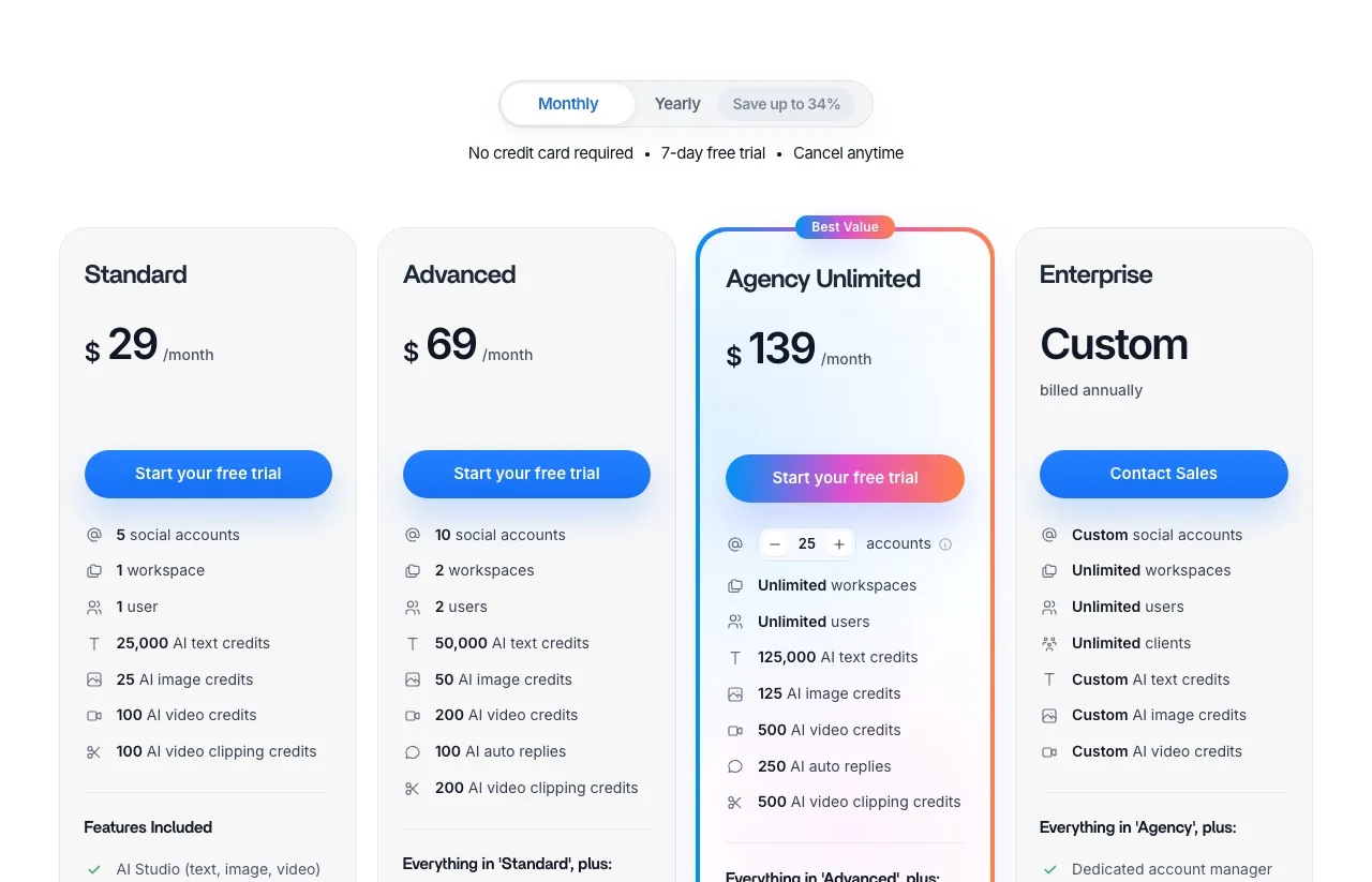 ContentStudio's pricing page on the monthly toggle: Standard at $29 for 5 accounts, Advanced at $69 for 10, and Agency Unlimited at $139 starting at 25 accounts.