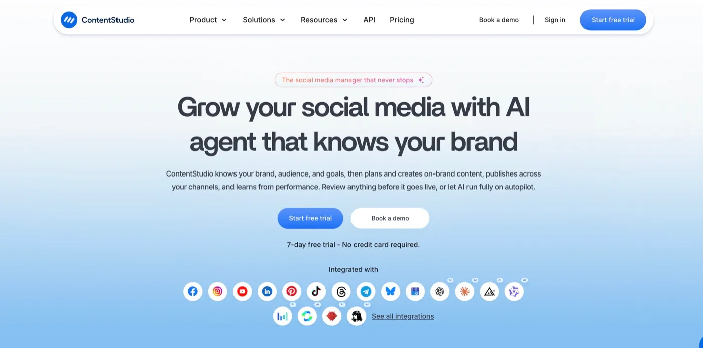 Publer alternative ContentStudio homepage pitching an AI agent that knows your brand