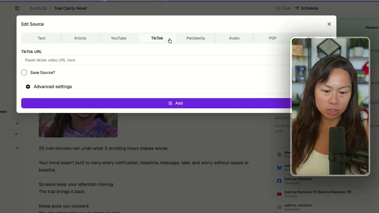 The Blotato Context source picker showing supported input types including Text, Article, YouTube, TikTok, Perplexity, Audio and PDF.