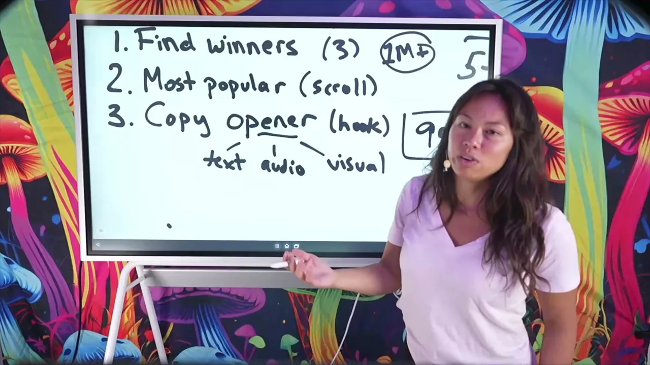 The complete three-step system on the whiteboard, with the opener broken into text, audio, and visual.