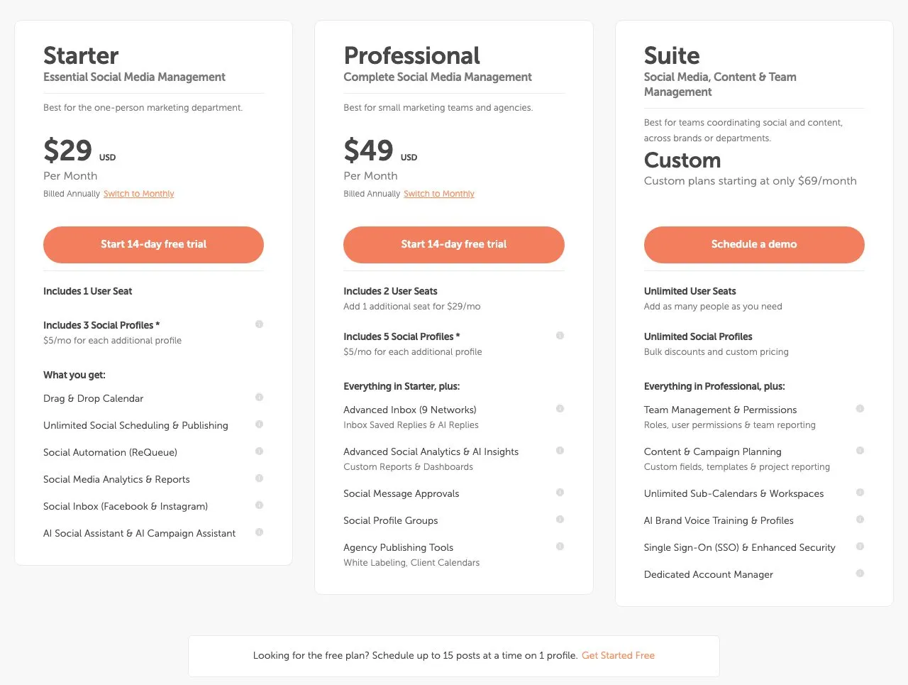 CoSchedule's pricing page opens on annual billing, with Starter at $29 a month and Professional at $49 a month billed annually, and Suite custom from $69 a month.