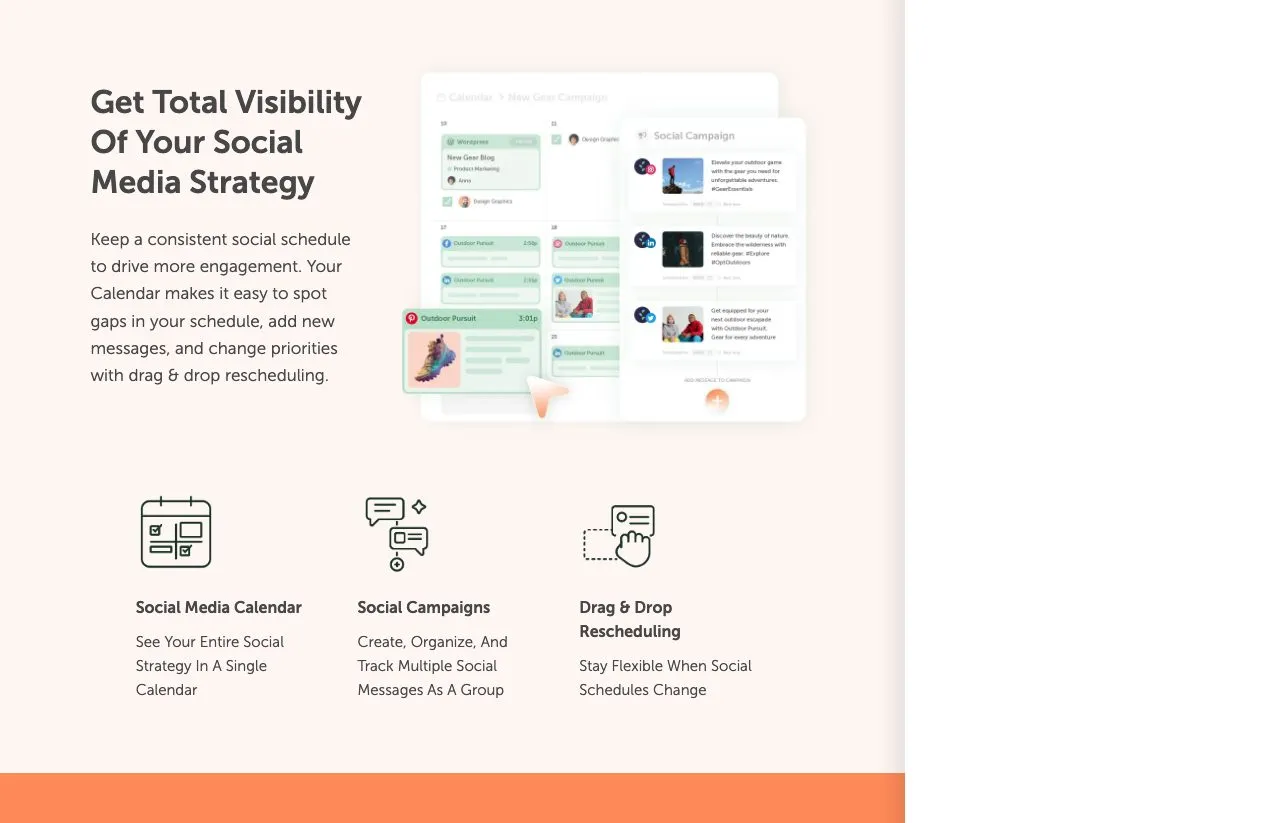 CoSchedule's Social Calendar page, showing a WordPress blog post card on the same calendar as scheduled social posts for Facebook, Instagram, LinkedIn and Pinterest.