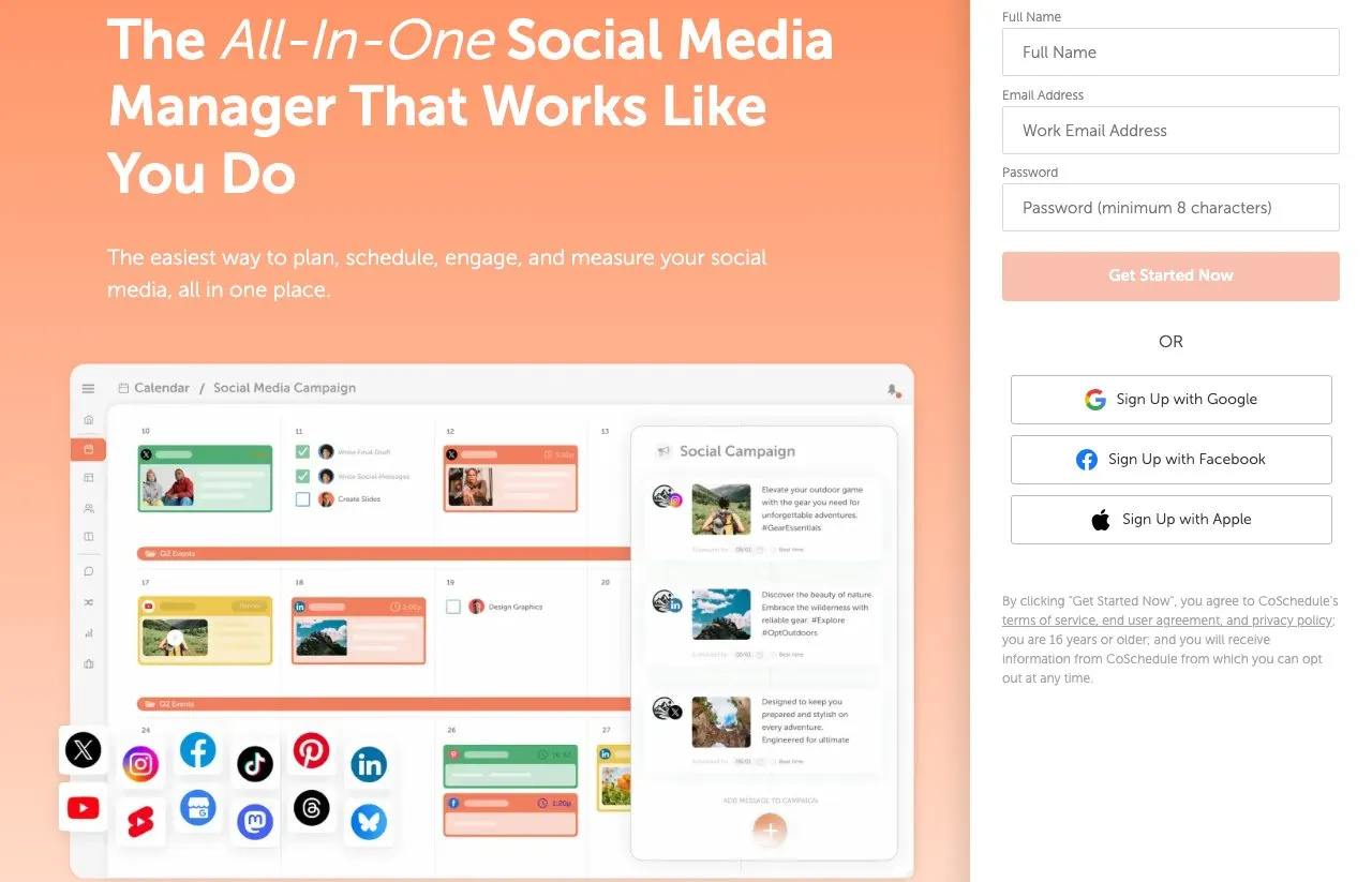 CoSchedule's social media management page, with a campaign calendar and the network icons it publishes to, including Mastodon and Google Business Profile.