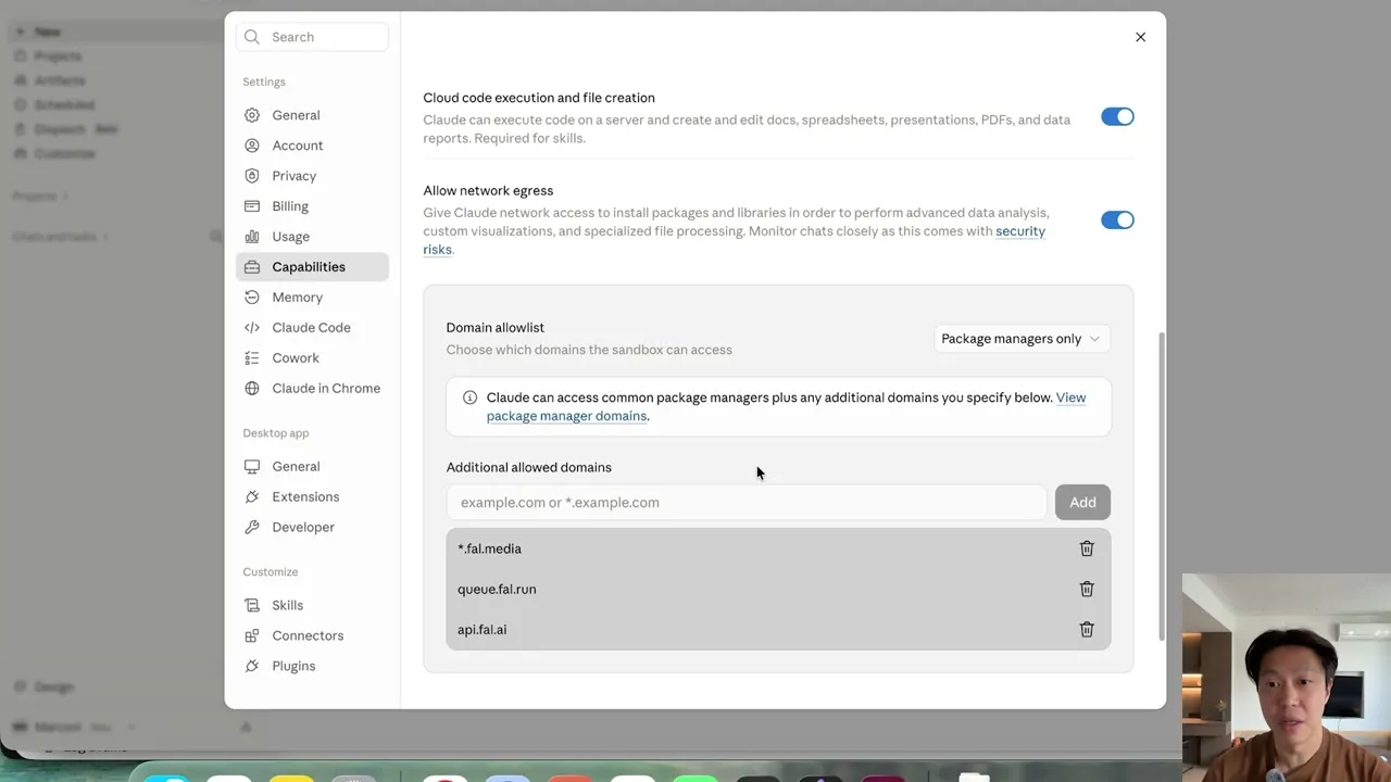 Claude Cowork's network egress settings, with the domain allowlist on Package managers only and fal's three domains added.