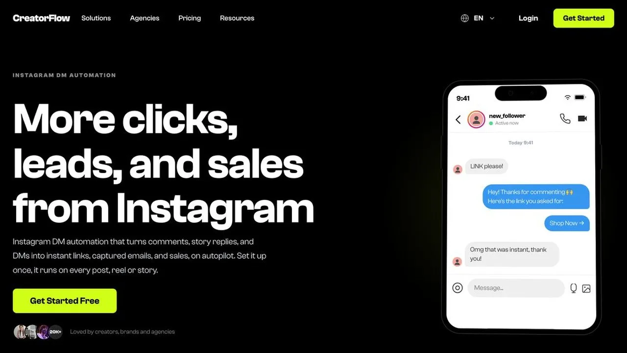 CreatorFlow homepage showing a comment-to-DM link reply on Instagram
