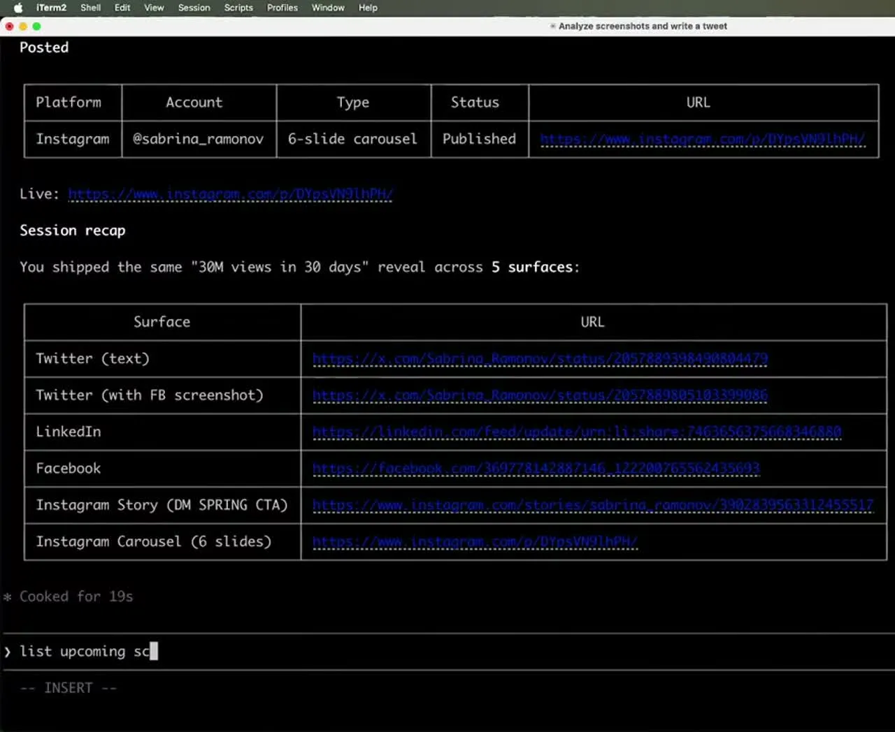 A Claude Code session recap showing the same content published across five surfaces, Twitter text, Twitter with a screenshot, LinkedIn, Facebook, and an Instagram Story, each with a live post URL.