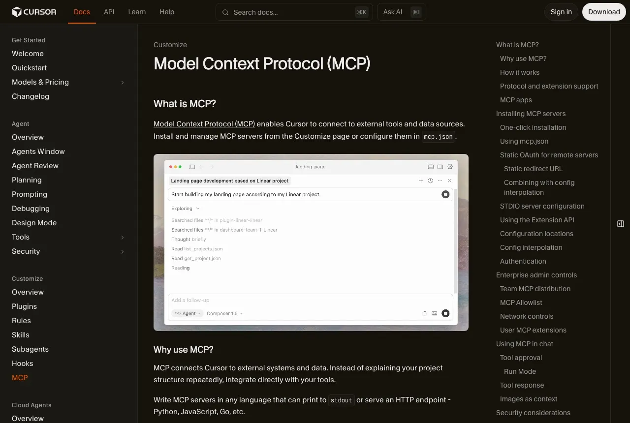 Cursor MCP documentation showing remote server configuration