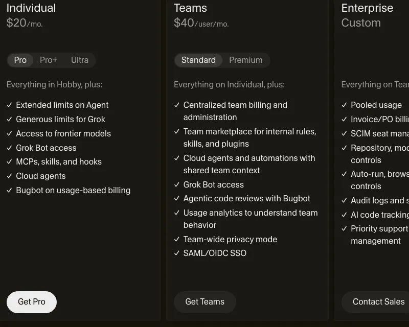 Cursor's pricing page showing Grok Bot access included on the twenty dollar Individual plan and on Teams at forty dollars per user.