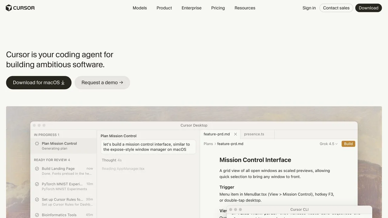 Cursor AI code editor homepage with cloud agents and team context