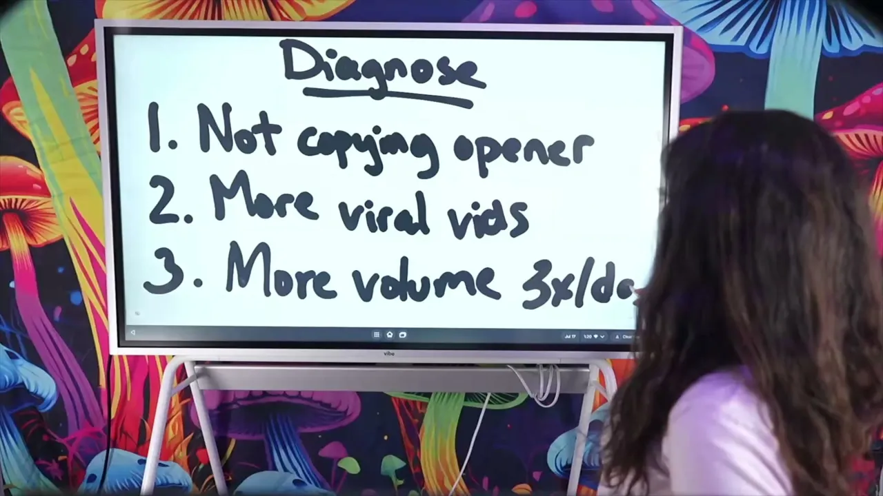 Whiteboard diagnosis list: not copying the opener, more viral videos, more volume at 3x per day.