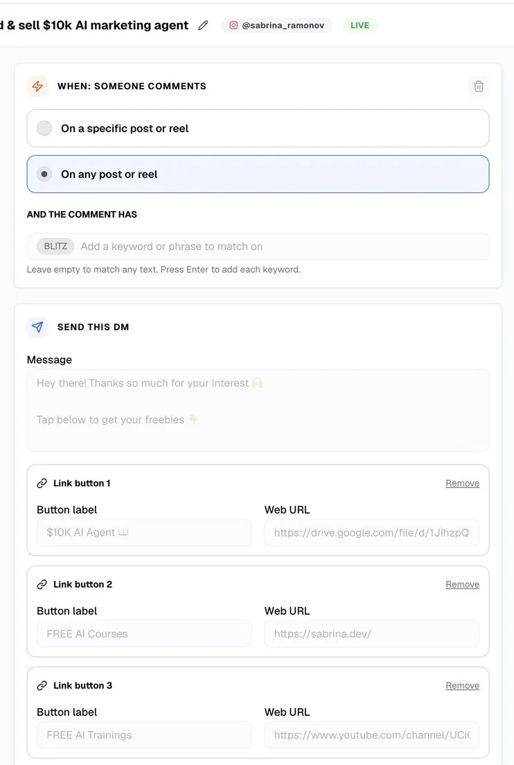 Setting up a comment-triggered DM automation that sends a link when someone comments a keyword on an Instagram reel