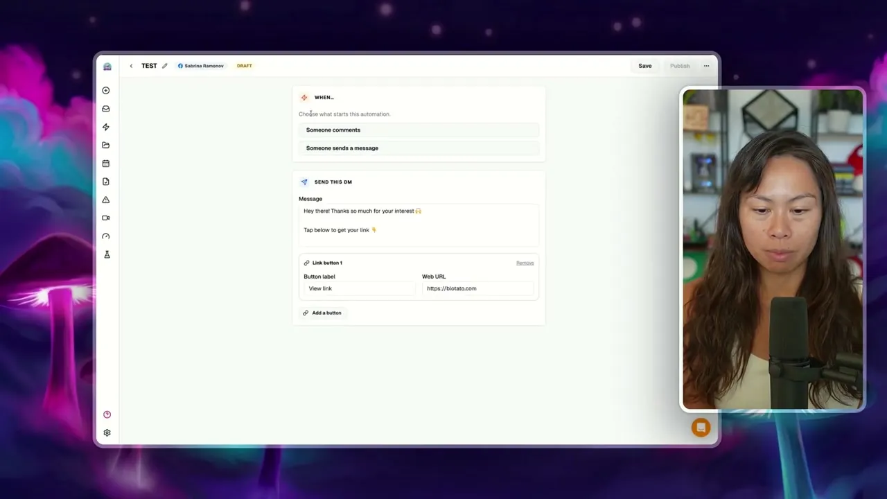 The Blotato DM automation builder showing the trigger options and the DM message with a link button.
