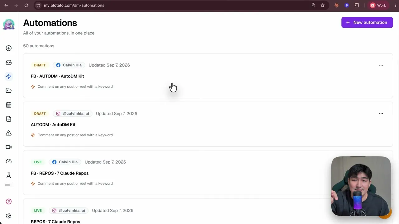 Blotato's automations list after the folder run: two new AutoDM Kit flows saved as drafts next to the live ones, waiting for Calvin's approval.