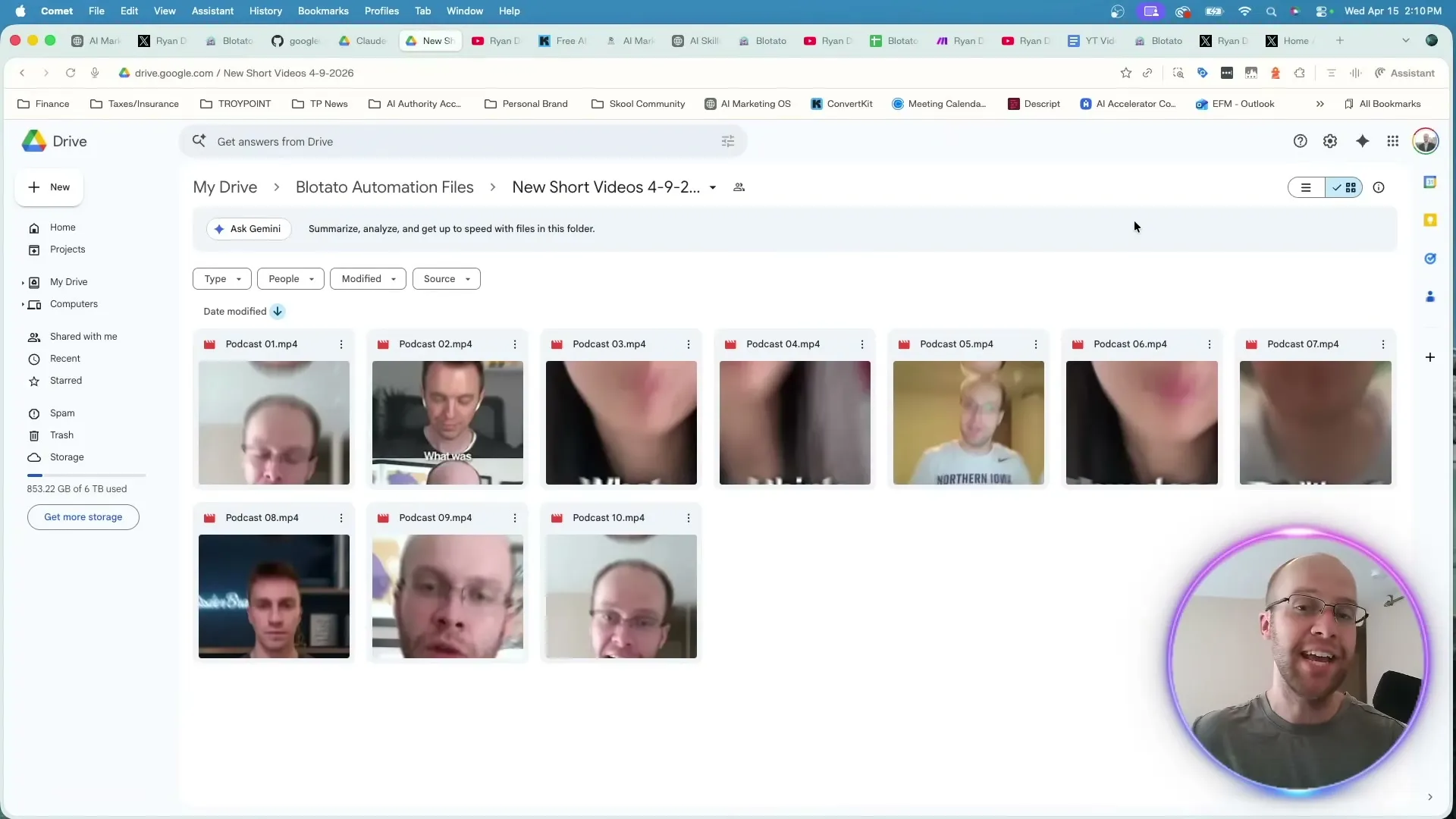 A Google Drive folder of short-form videos being read by the agent to generate platform captions.