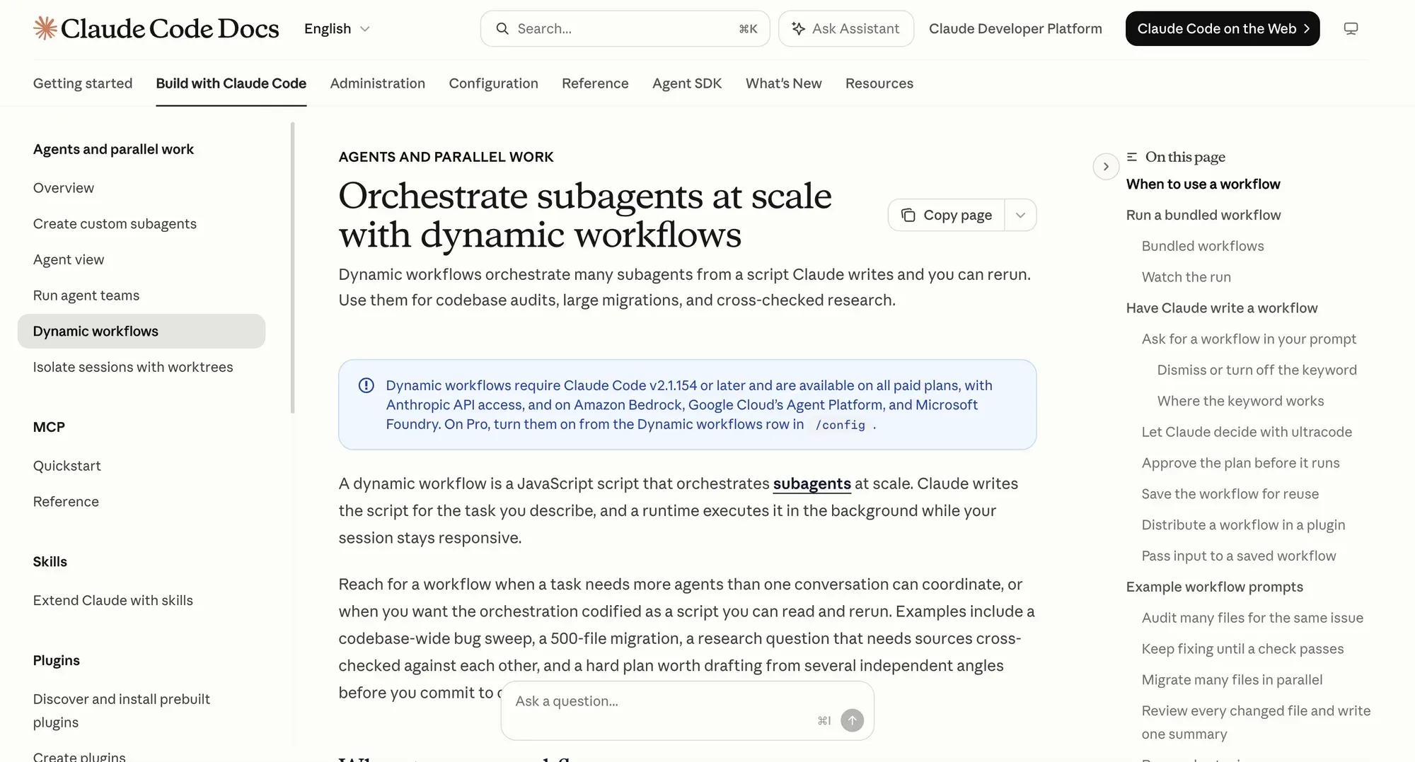 Claude dynamic workflows documentation: Anthropic's guide to orchestrating subagents at scale, v2.1.154 and later on paid plans.