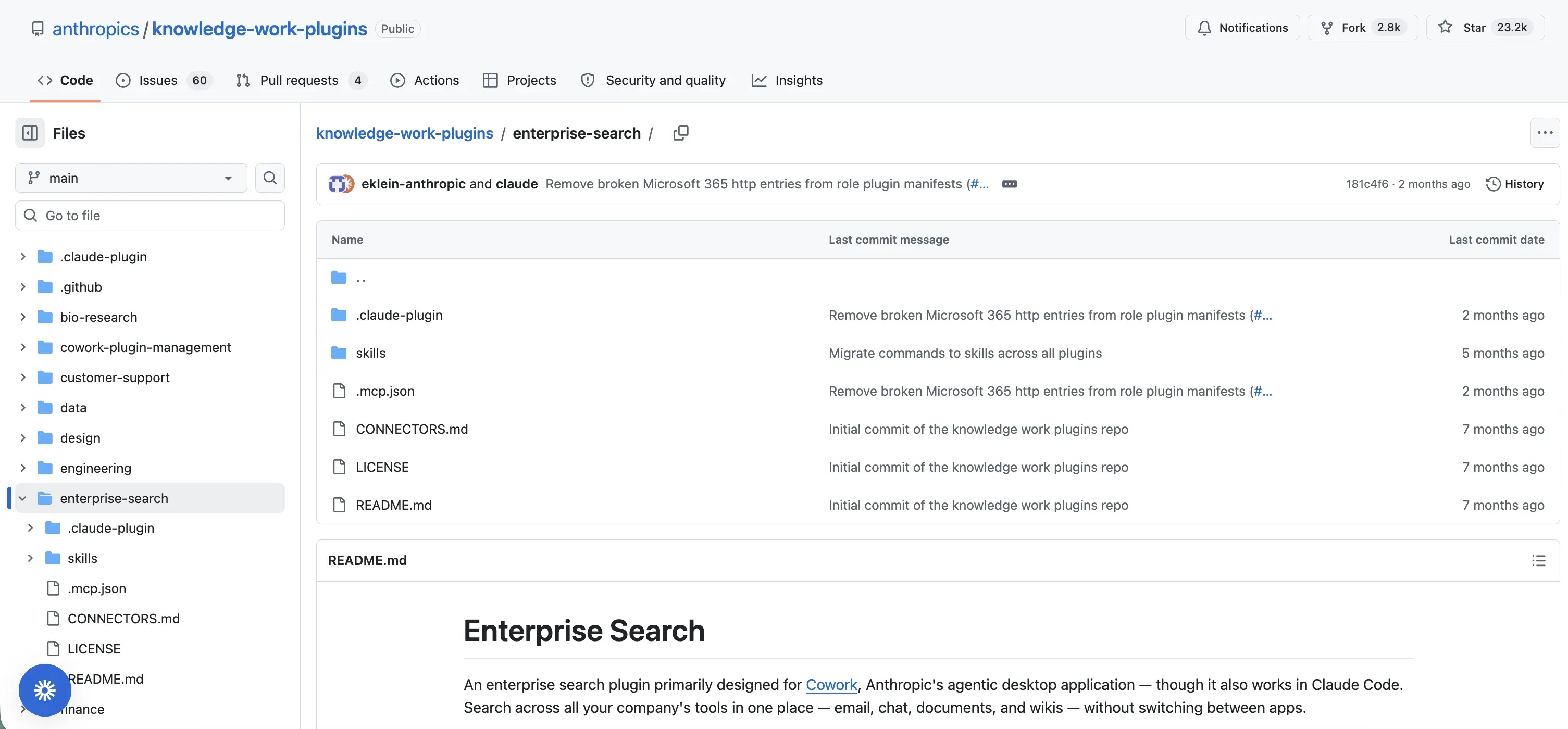 Claude Cowork plugins: the Enterprise Search plugin's source folder on GitHub