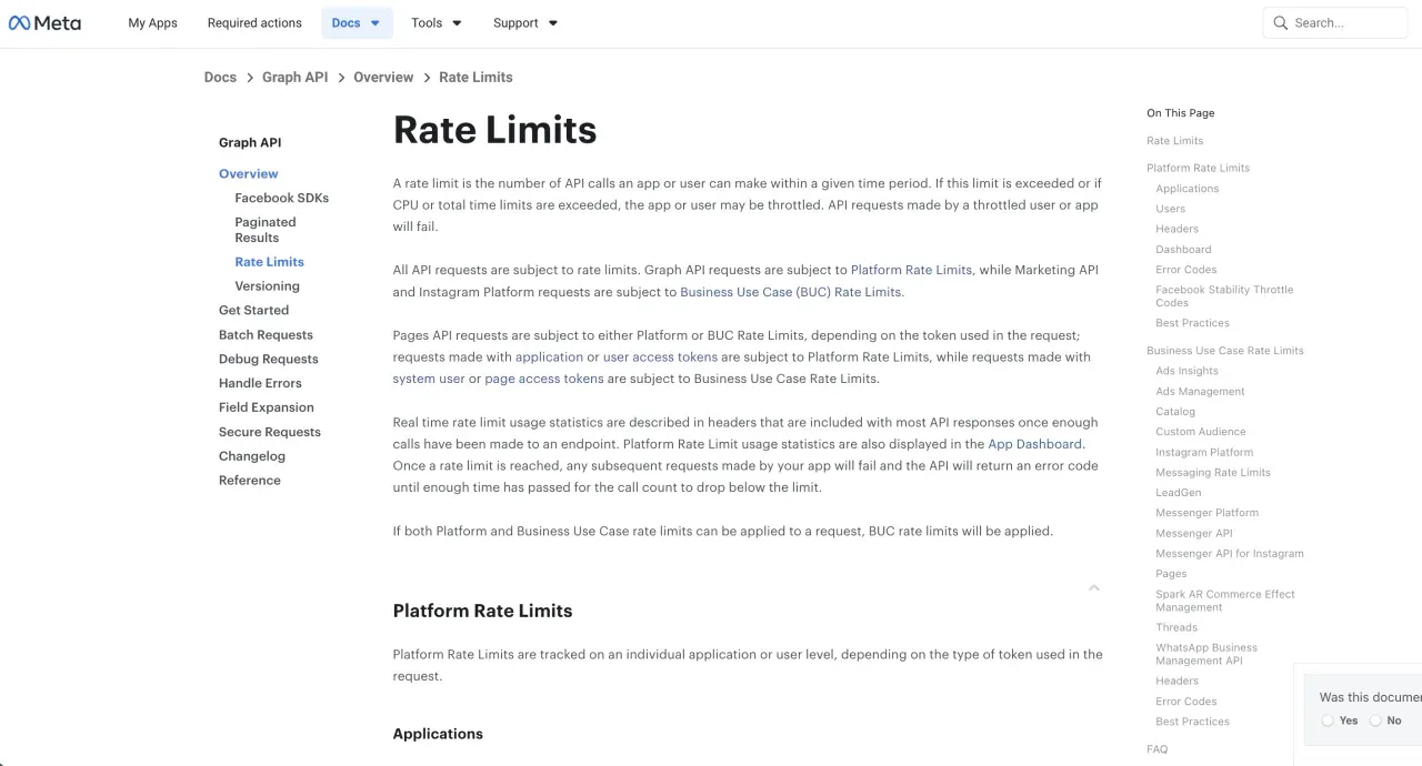 Meta's Graph API rate-limiting documentation, showing how Pages API requests fall under Business Use Case Rate Limits while Platform Rate Limits apply to application and user-level tokens.