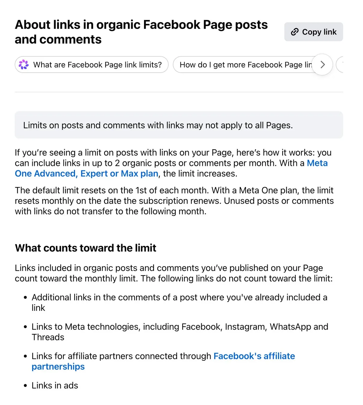 Meta's Facebook help article on Page link limits, which counts links in comments as well as posts and notes the limit may not apply to all Pages.