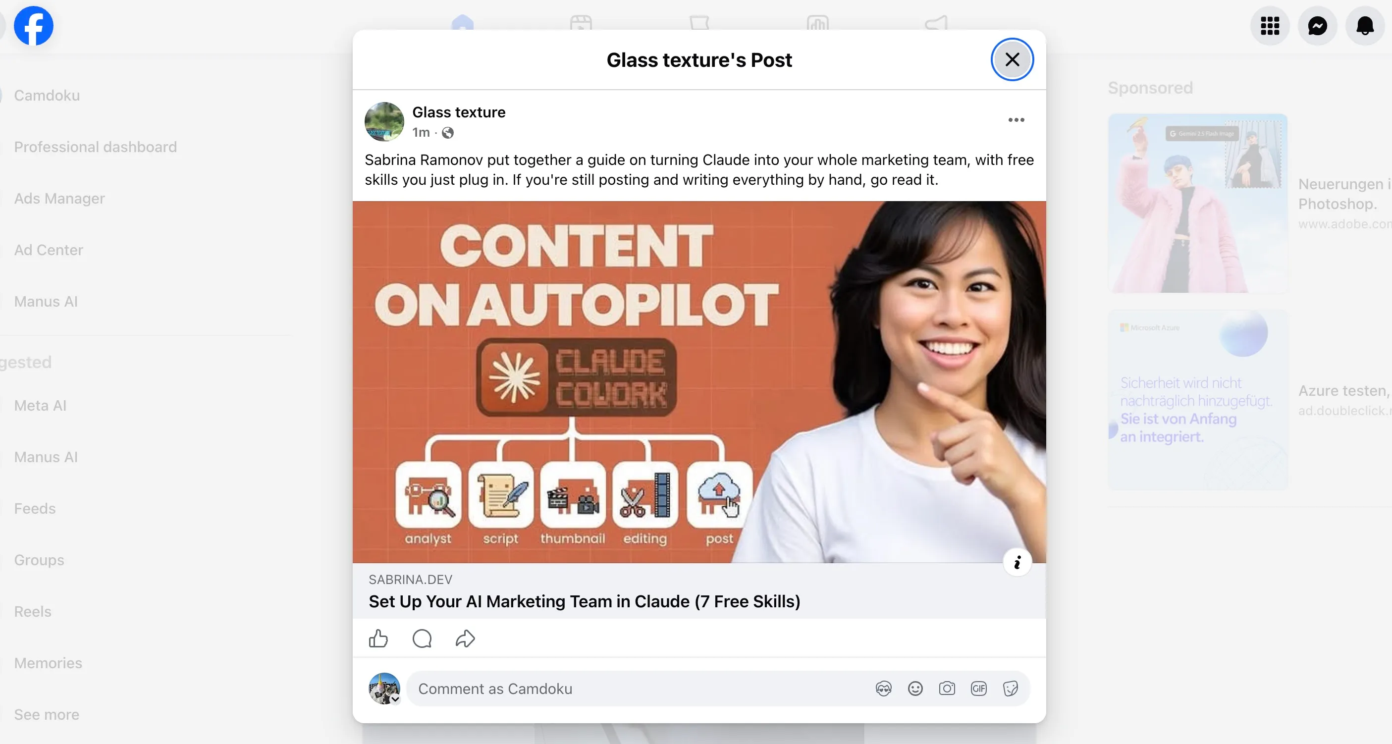 A Facebook Page post published live from a Claude prompt through Blotato