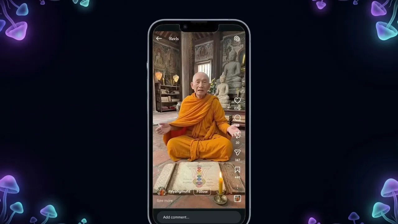 iPhone mockup of an Instagram Reel from the @itsyangmuns account showing an AI-generated monk avatar in an ornate temple, with Reels UI showing 2,115 likes.