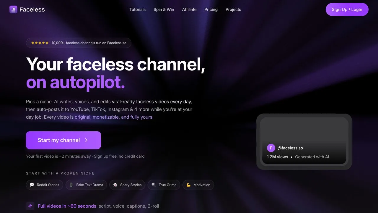 Faceless.so faceless video generator that auto-posts to 7 platforms