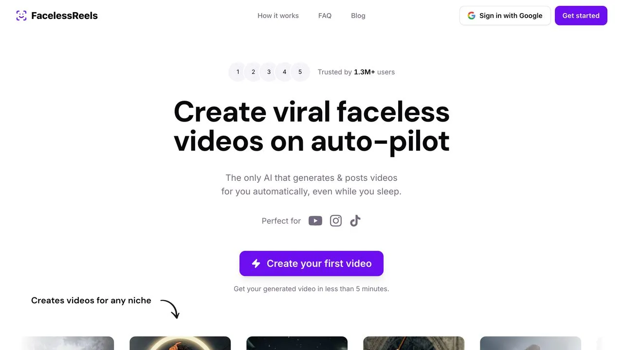 FacelessReels faceless video generator posting to TikTok, Instagram and YouTube on autopilot