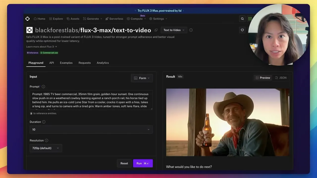 fal's Flux 3 Max text-to-video playground with the default cowboy sample prompt, a 10-second duration, 720p resolution and the Run button.