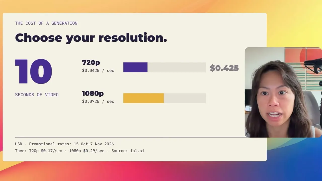 Sabrina's cost slide for a 10-second Flux 3 Max clip, showing the launch rates per second at 720p and 1080p, the October 15 to November 7 promotion window and the list rates after it.