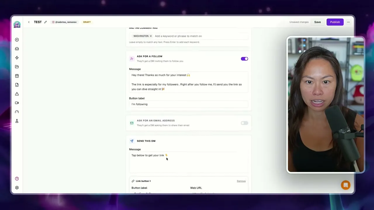 The Blotato flow builder showing the ask-for-a-follow toggle, the follow gate message, and the DM with a link button
