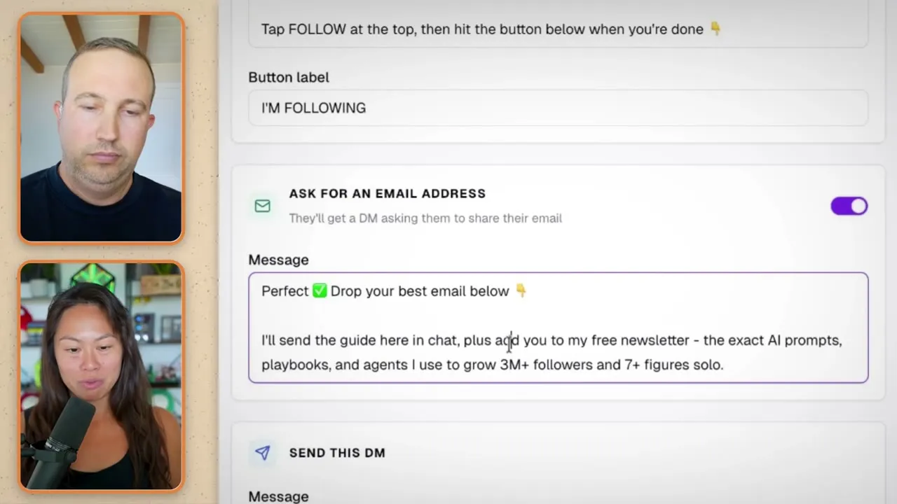 The Blotato DM automation editor showing the follow gate button label and the email gate message, which offers the guide plus the newsletter.