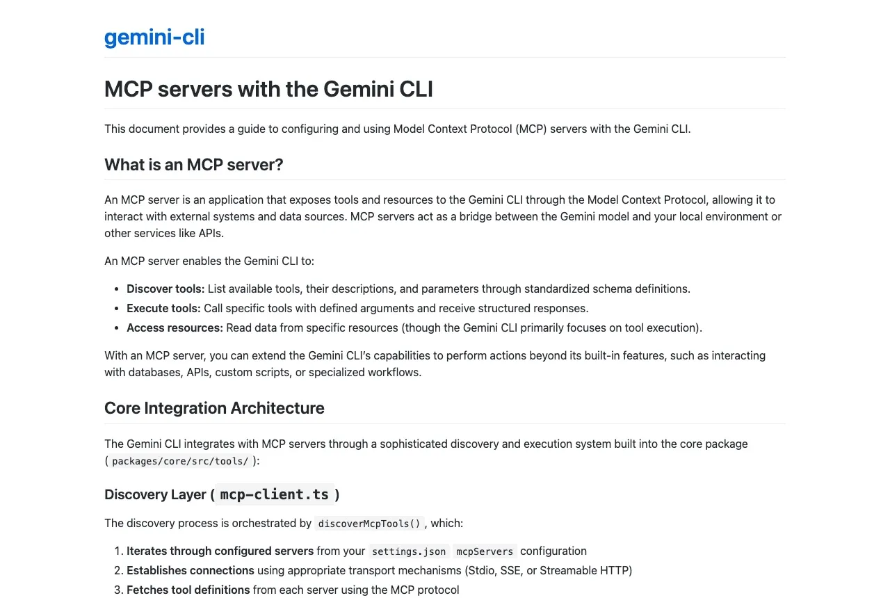 Gemini CLI MCP documentation showing remote server configuration