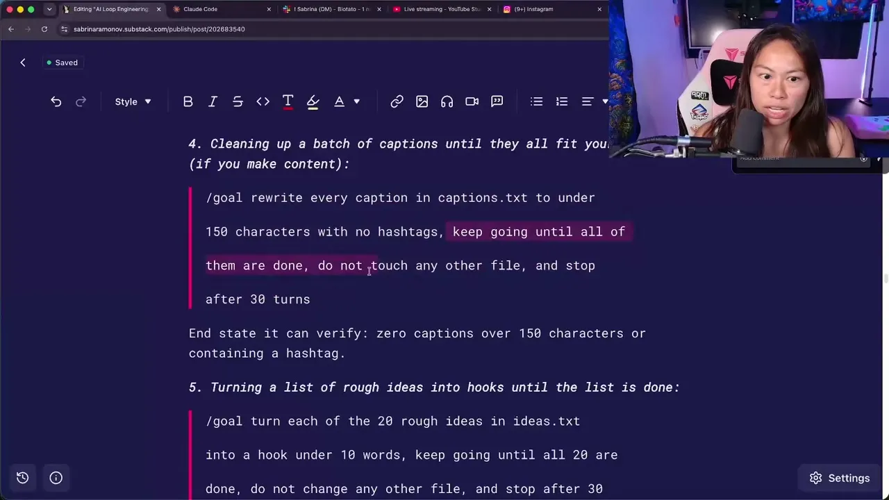 A caption cleanup goal from the video: rewrite every caption in captions.txt to under 150 characters with no hashtags, keep going until all of them are done. The end state it can verify is zero captions over 150 characters or containing a hashtag.
