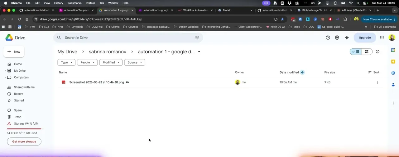 A Google Drive folder holding a single screenshot, the watched folder that triggers the entire automation.