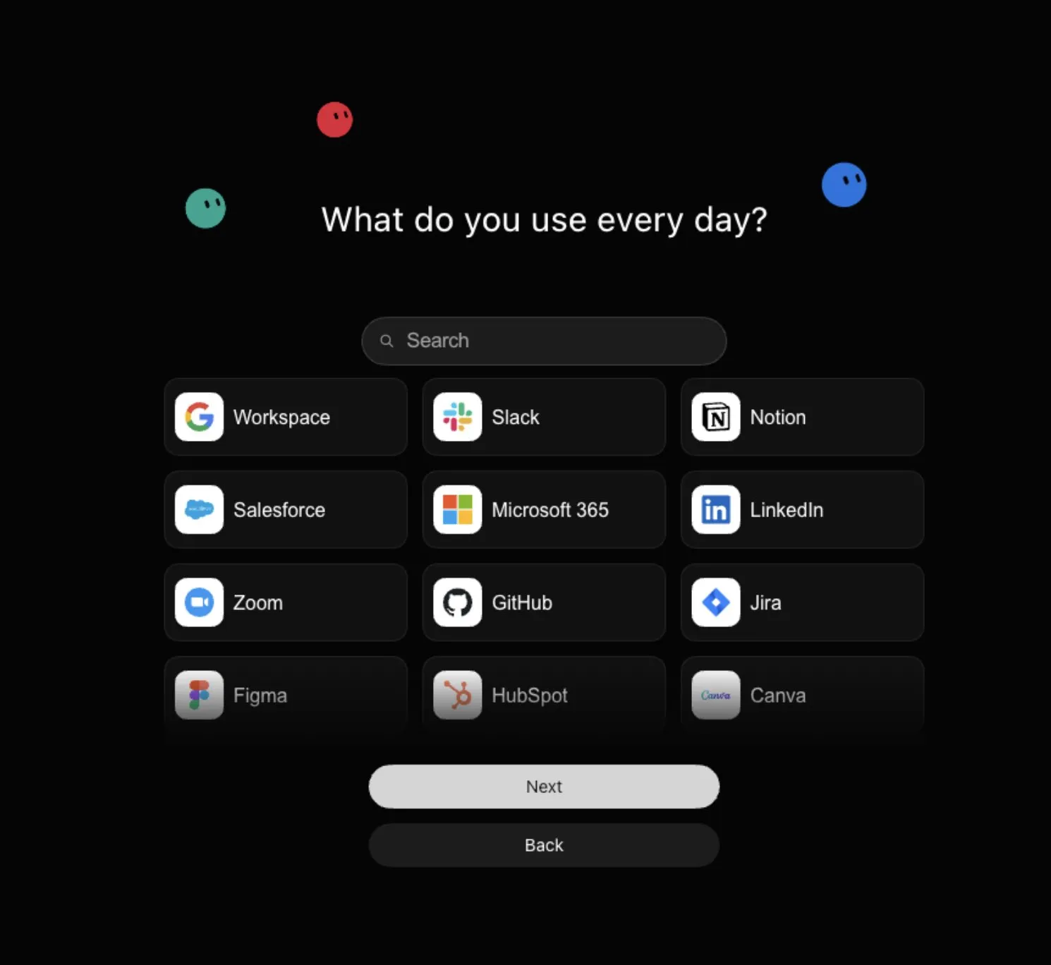Grok Bot onboarding screen asking what tools you use every day, with plugin tiles for Google Workspace, Slack, Notion, Salesforce, LinkedIn, GitHub, and more.