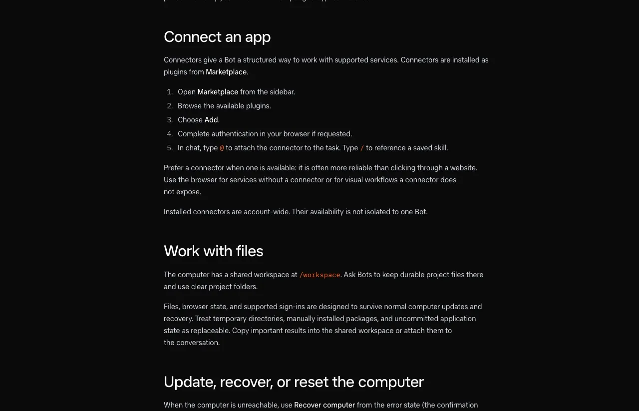 SpaceXAI's Grok Bot docs, Connect an app: connectors install as plugins from Marketplace in five steps, and installed connectors are account-wide rather than tied to one Bot.
