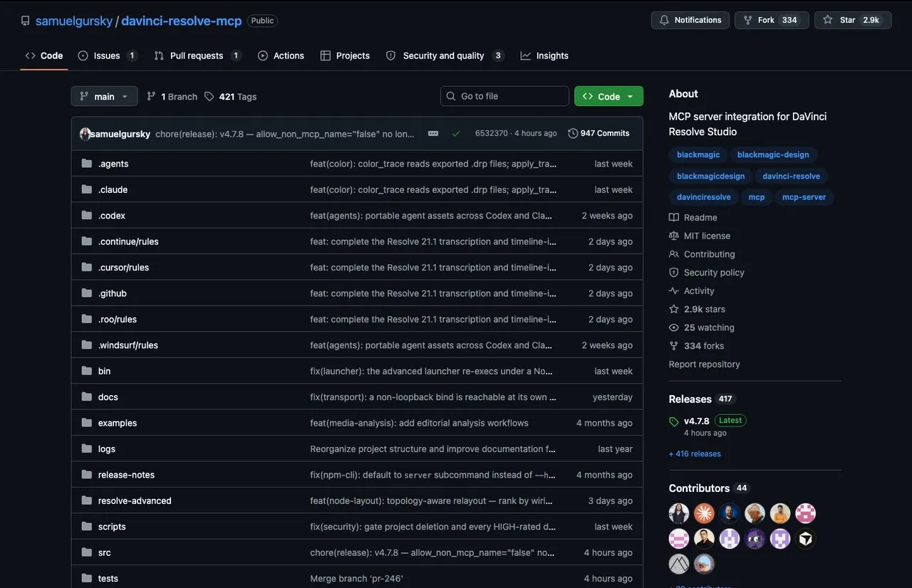 The open-source DaVinci Resolve MCP server on GitHub, MIT licensed, with the npx setup command and the note that the free edition needs the in-app bridge.