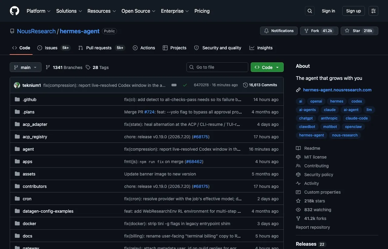 The Hermes Agent repository from Nous Research, an MIT-licensed self-improving agent with an active release cadence.