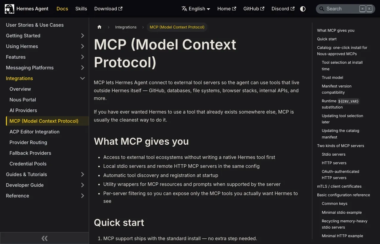 The Hermes Agent MCP documentation showing configuration structure and the approved-server catalog.