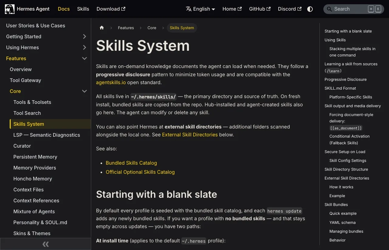 The Hermes Agent skills documentation, showing that skills live in the local skills directory and follow the open agentskills.io standard.