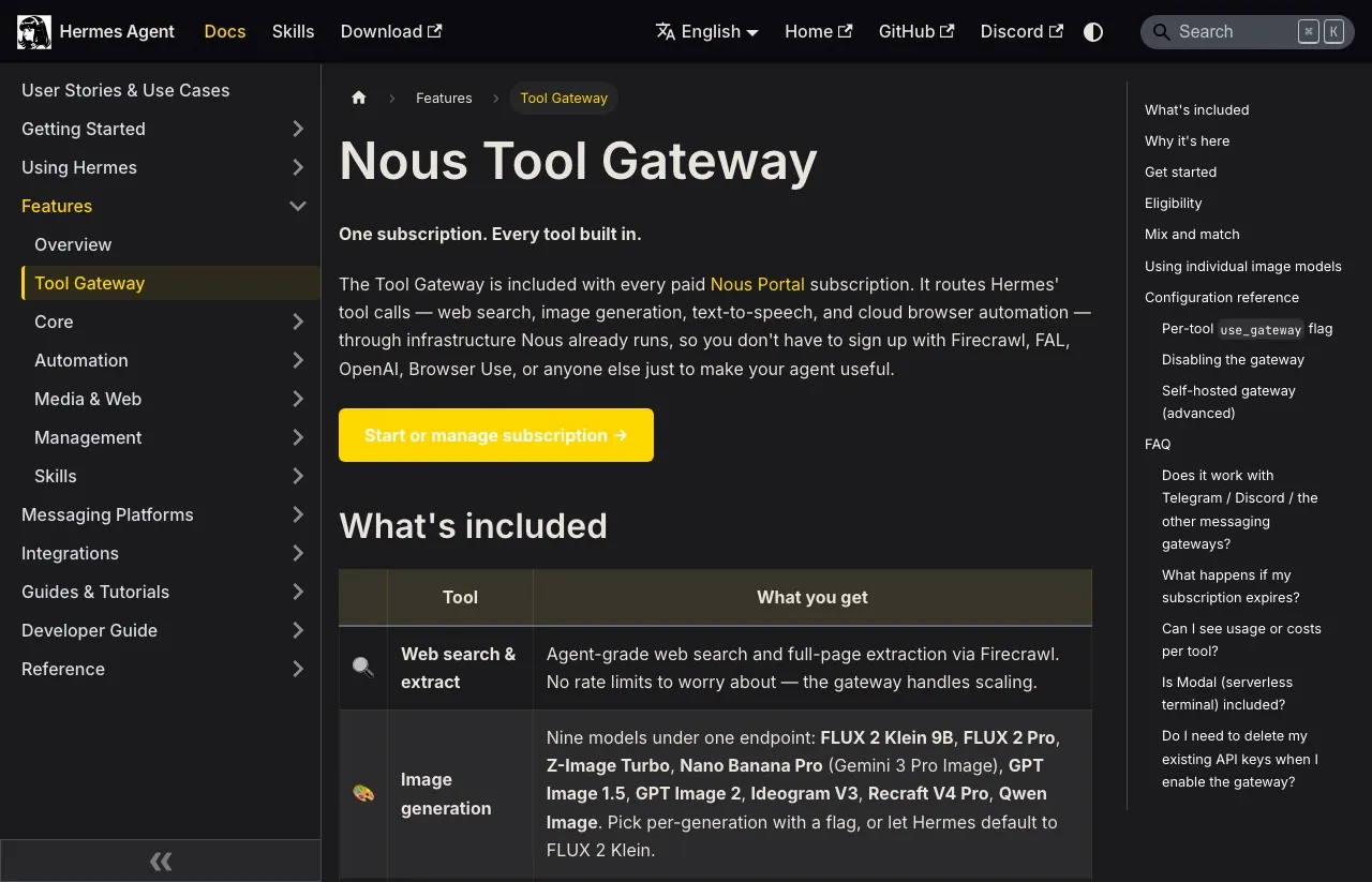 The Nous Tool Gateway documentation, listing web search, image generation, text to speech, and browser automation as the included tools.