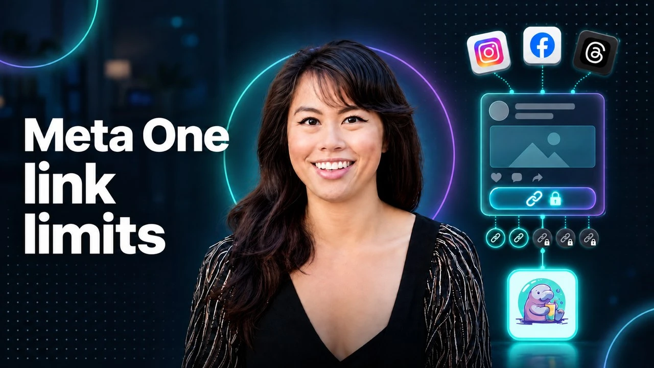 Meta One link limits: a social media post card with a padlocked link button, two open link slots and three locked ones, beside Instagram, Facebook and Threads app tiles.