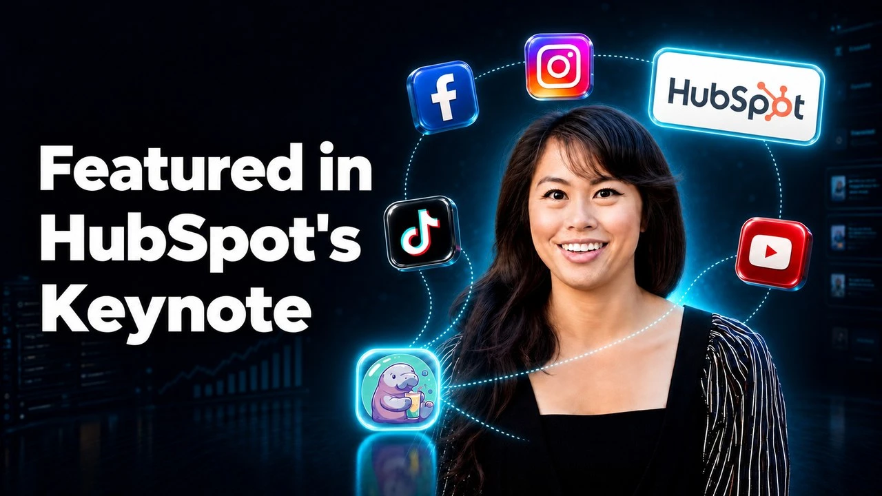 Sabrina Ramonov surrounded by the HubSpot logo and Facebook, Instagram, TikTok, YouTube and Blotato app icons, featured in HubSpot's UNBOUND keynote