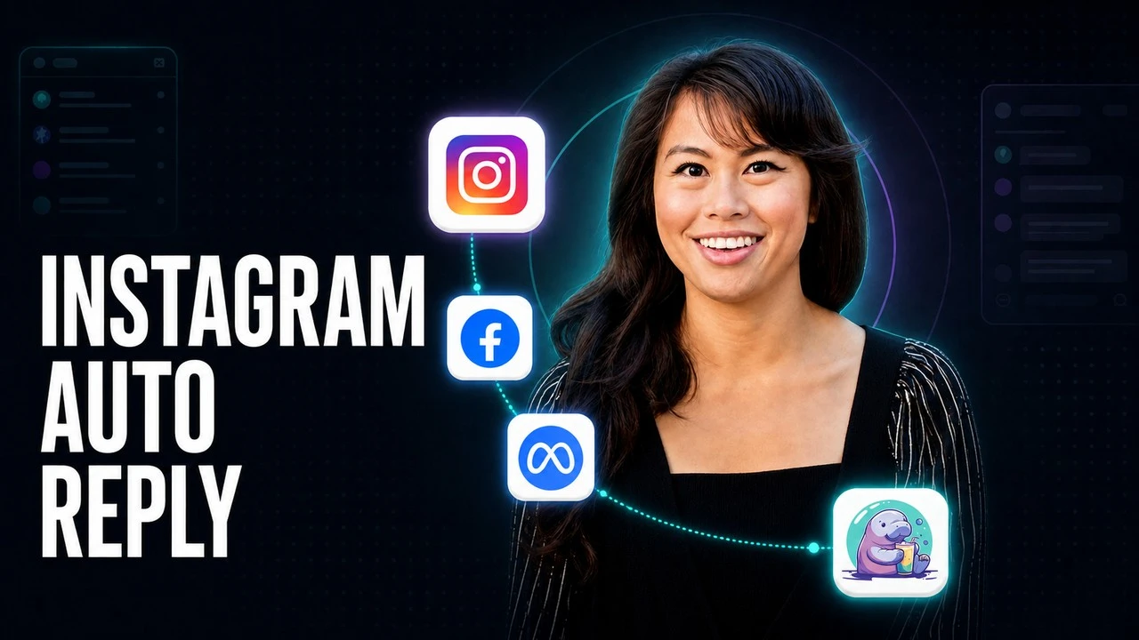 Instagram auto reply options shown as Instagram, Facebook, Meta and Blotato app icons connected by dotted flow lines beside Sabrina Ramonov
