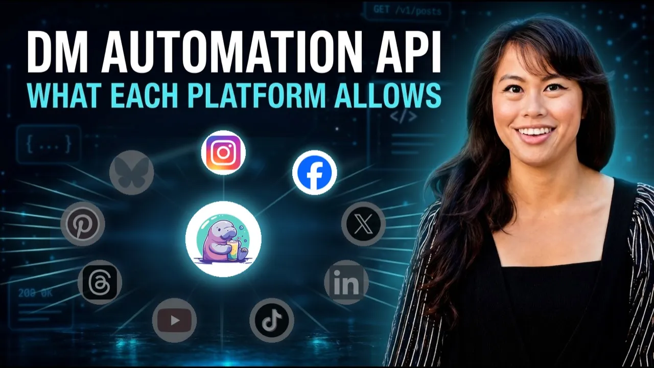 Comment-to-DM automation runs on Instagram and Facebook only, shown lit while X, LinkedIn, TikTok, YouTube, Threads, Pinterest and Bluesky are greyed out