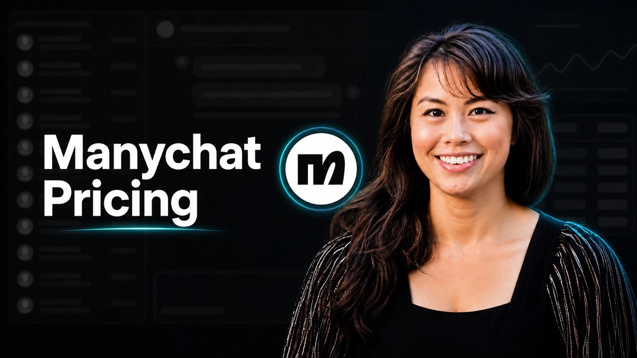 Manychat pricing 2026 compared for social media DM automation, with the Manychat logo and Sabrina Ramonov