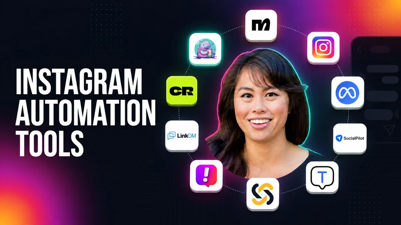 Instagram DM automation tools for social media, with the Manychat, CreatorFlow, LinkDM, InstantDM, SetSmart, TailorTalk, SocialPilot, Meta and Blotato logos.